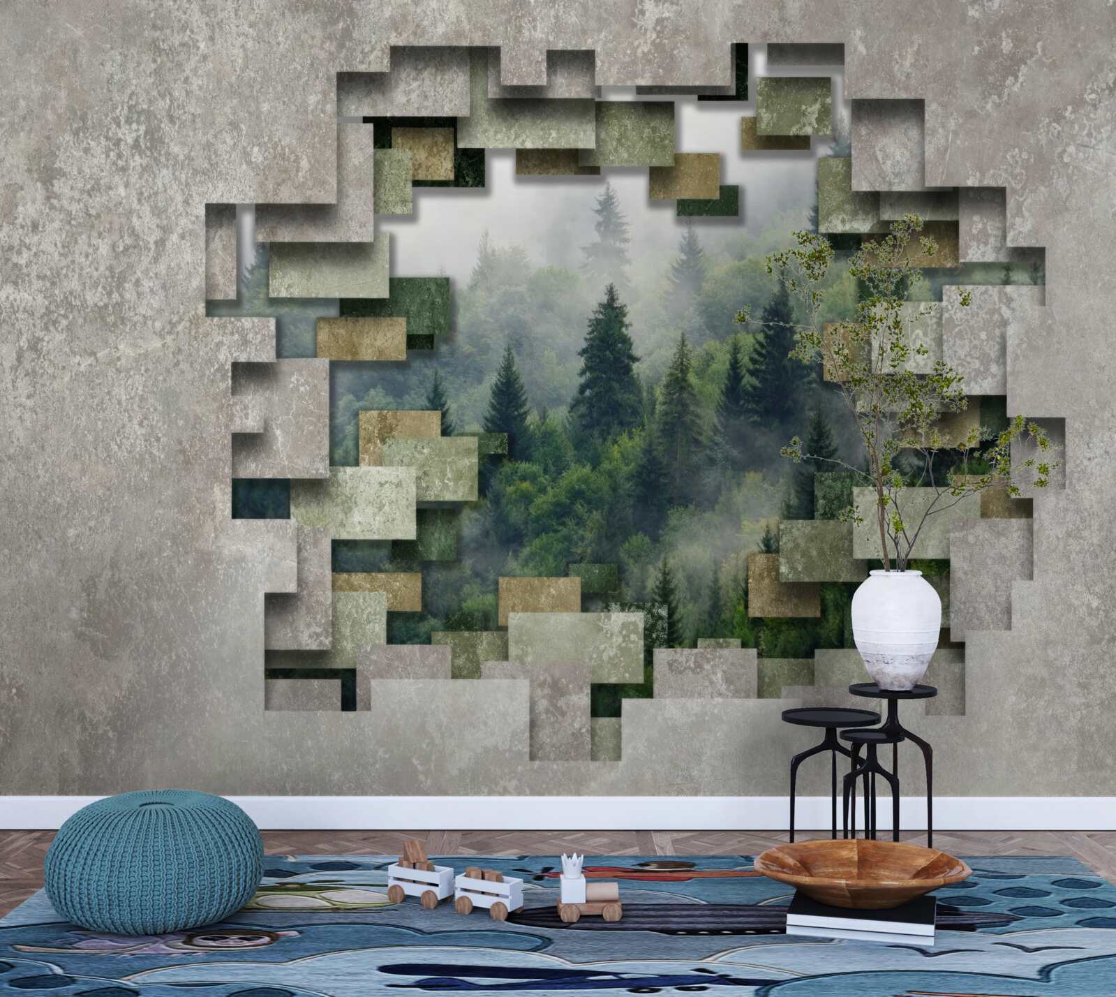 Fototapeta Ściana w ruinach i drzewa iglaste w lesie