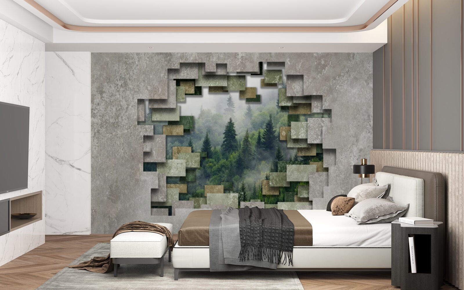 Fototapeta Ściana w ruinach i drzewa iglaste w lesie