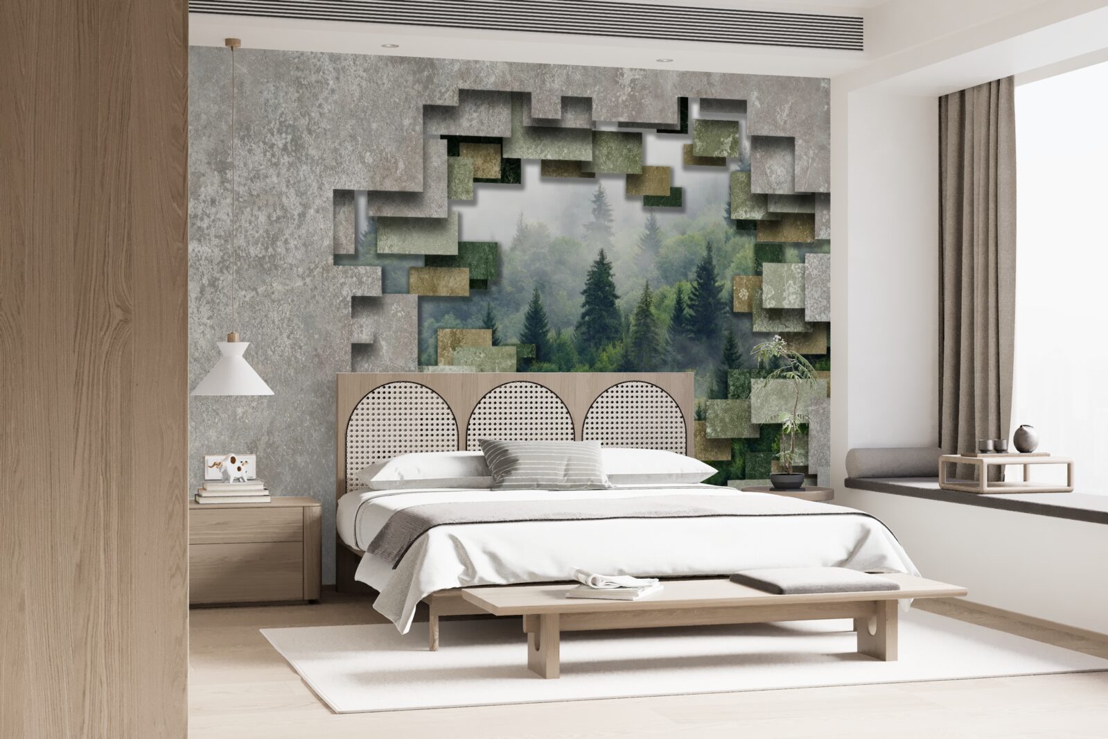 Fototapeta Ściana w ruinach i drzewa iglaste w lesie