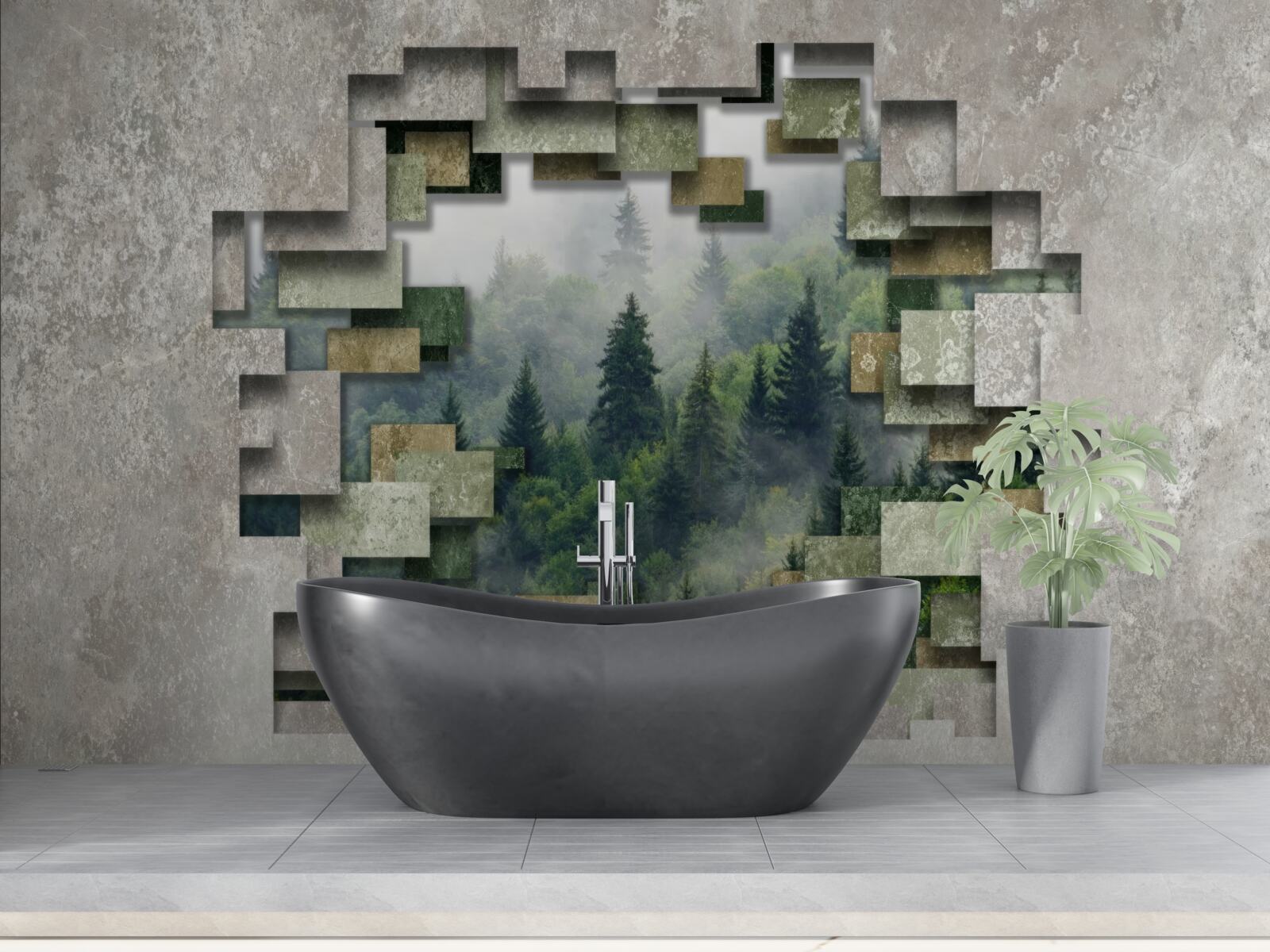 Fototapeta Ściana w ruinach i drzewa iglaste w lesie