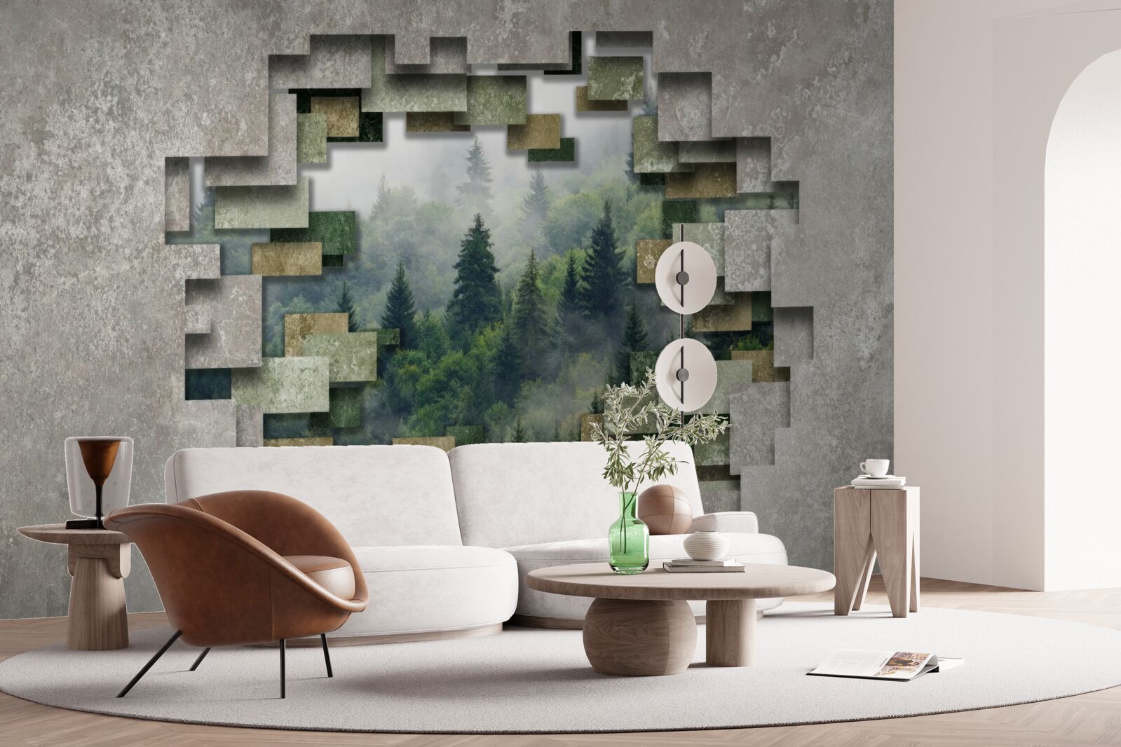 Fototapeta Ściana w ruinach i drzewa iglaste w lesie