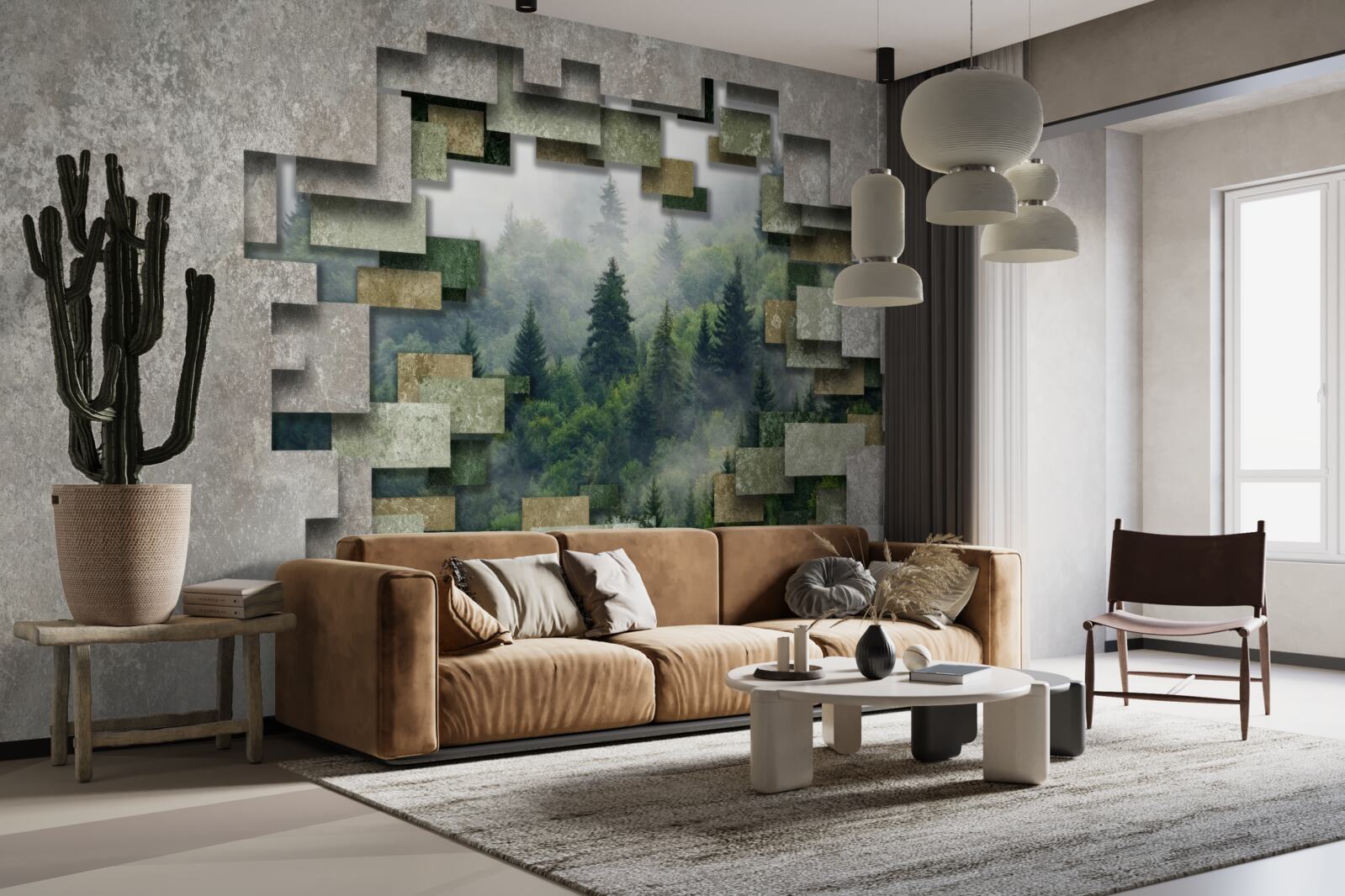 Fototapeta Ściana w ruinach i drzewa iglaste w lesie