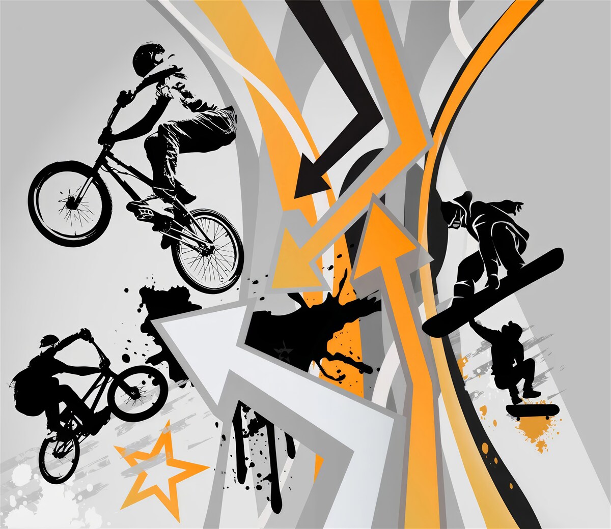 Fototapeta młodzi ludzie jeżdżą na rowerach i deskorolkach