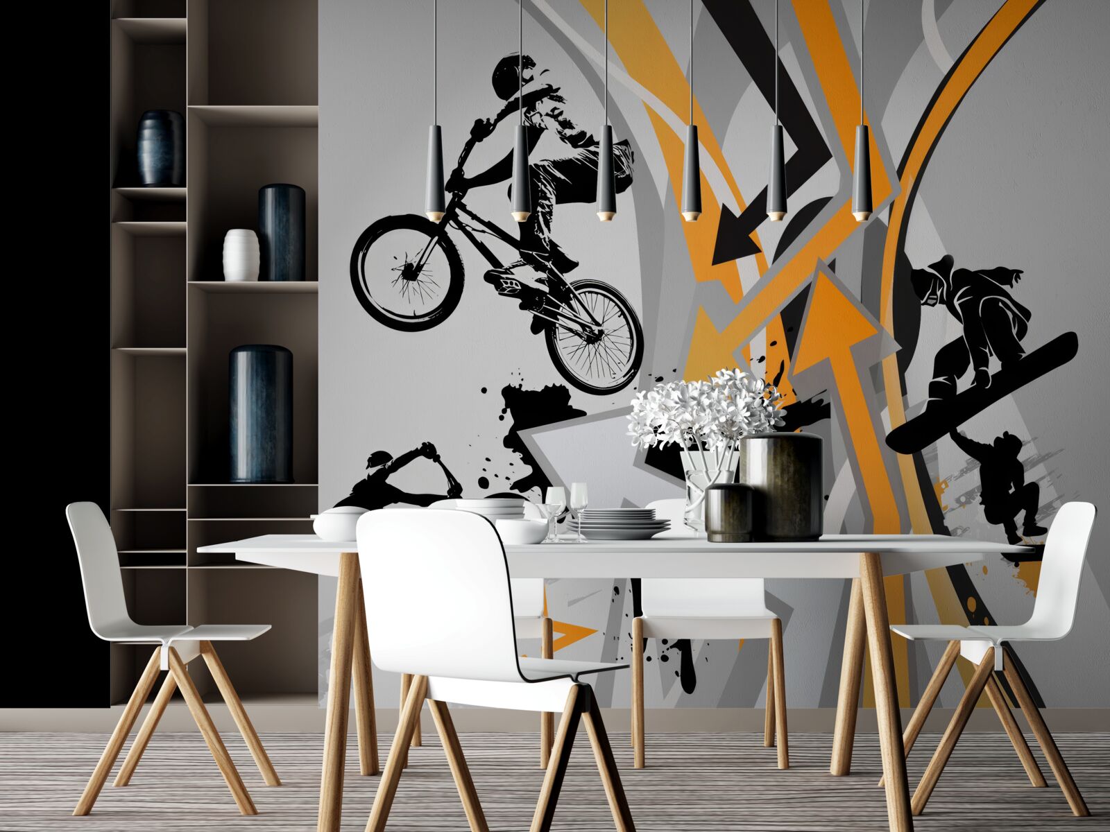 Fototapeta młodzi ludzie jeżdżą na rowerach i deskorolkach