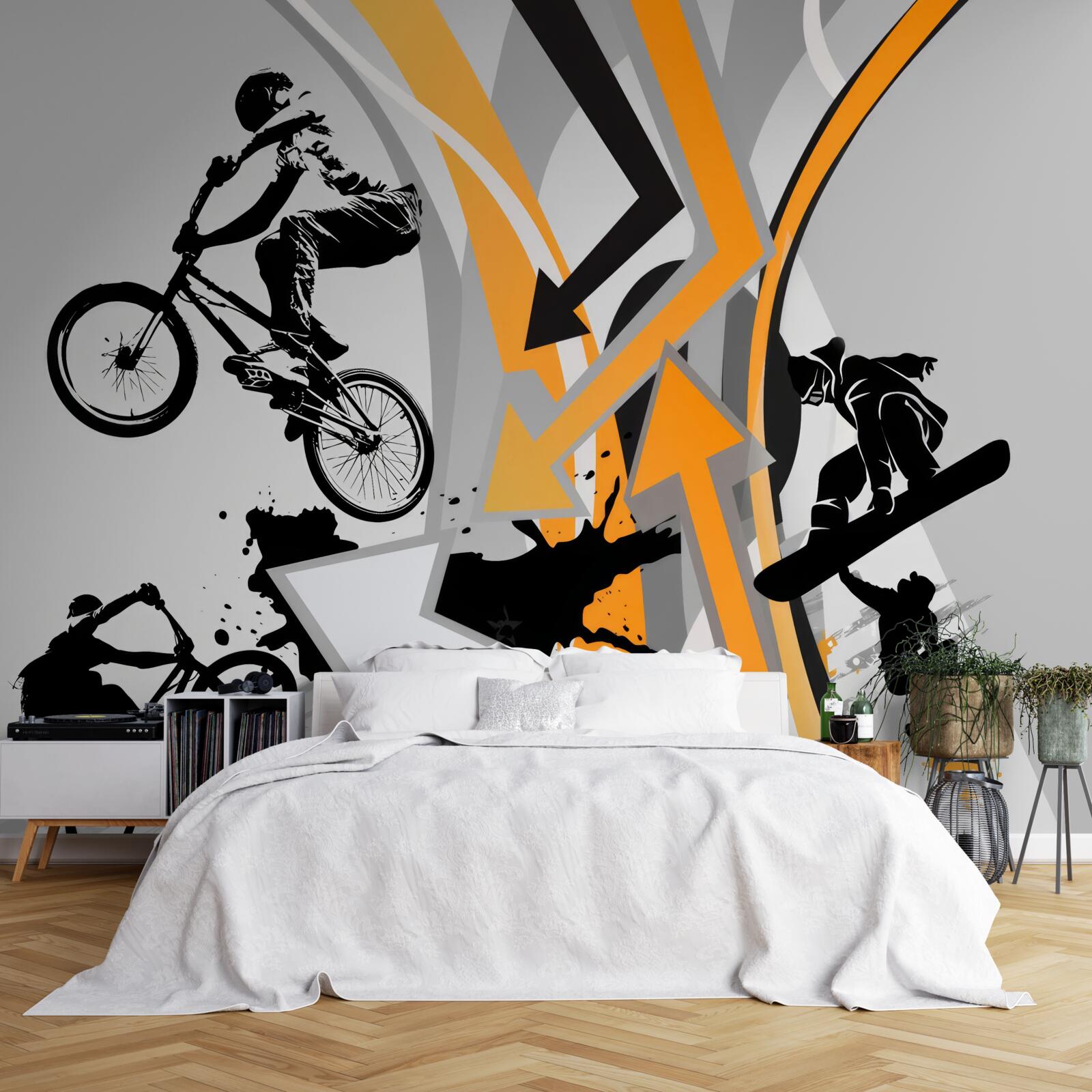 Fototapeta młodzi ludzie jeżdżą na rowerach i deskorolkach