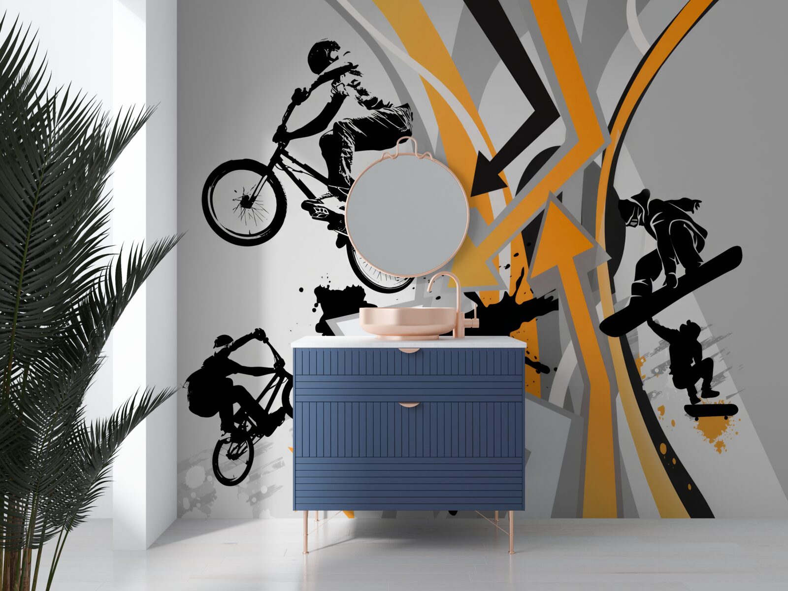 Fototapeta młodzi ludzie jeżdżą na rowerach i deskorolkach