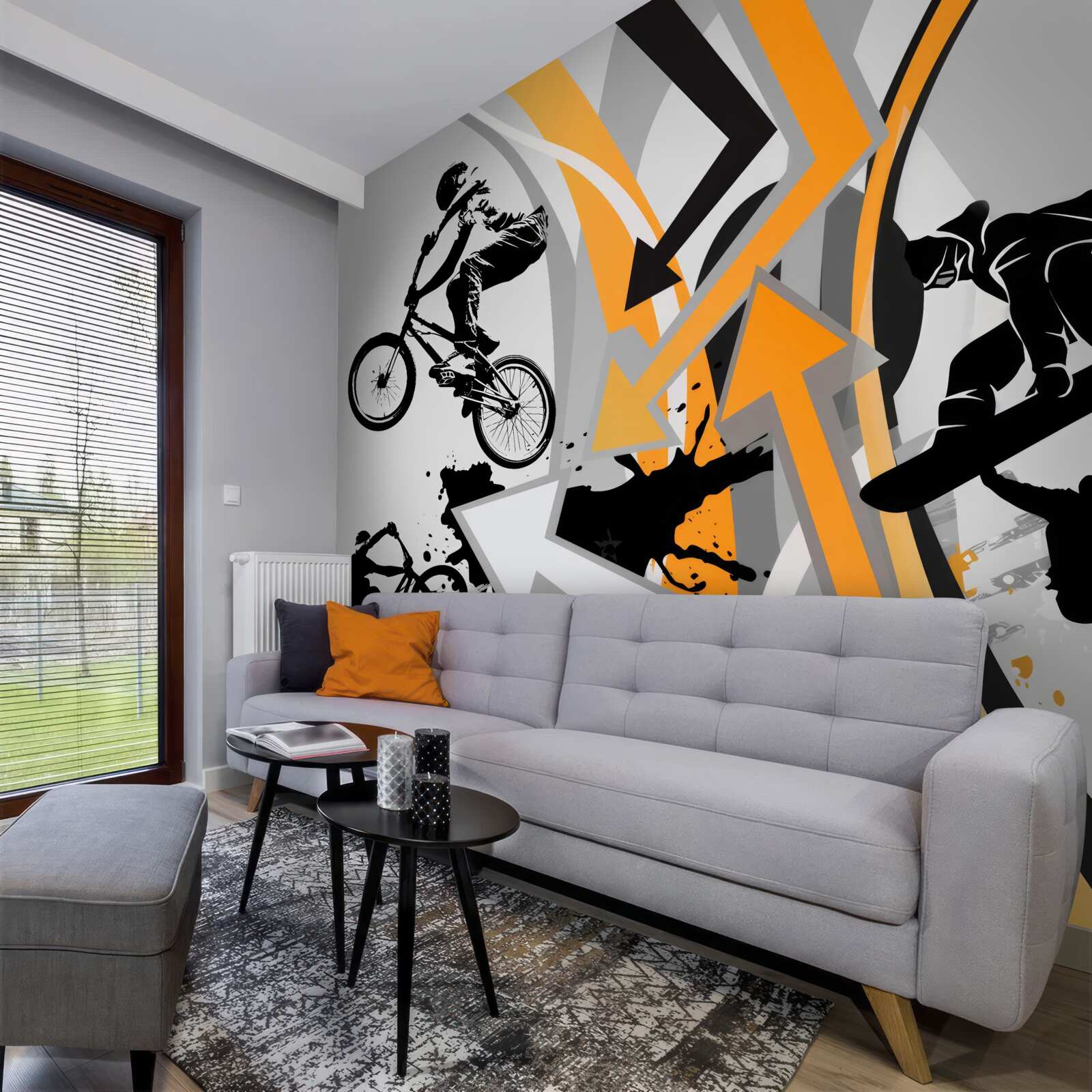 Fototapeta młodzi ludzie jeżdżą na rowerach i deskorolkach