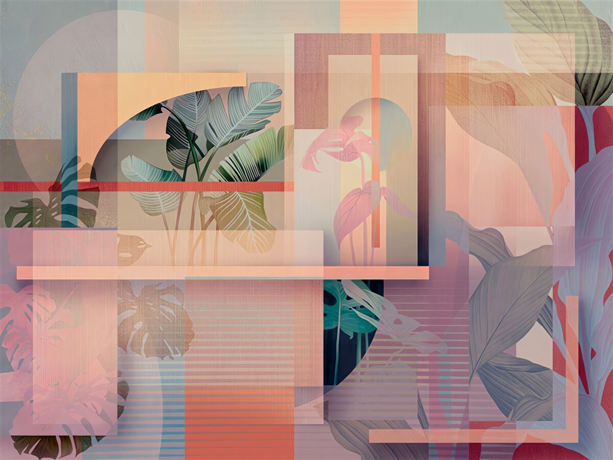 Fototapeta tło z elementami roślinności i kształtami geometrycznymi