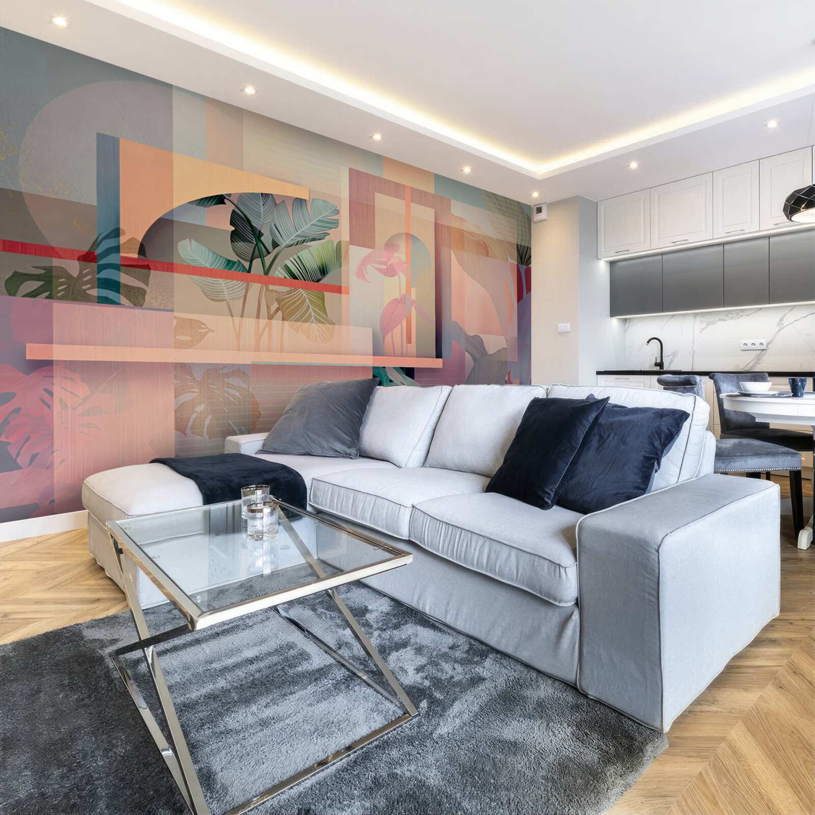 Fototapeta tło z elementami roślinności i kształtami geometrycznymi