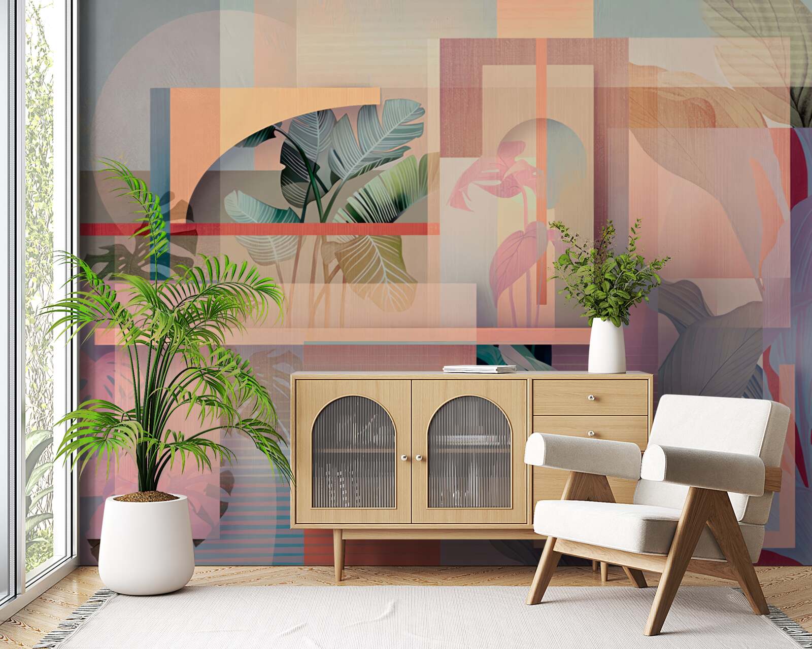 Fototapeta tło z elementami roślinności i kształtami geometrycznymi