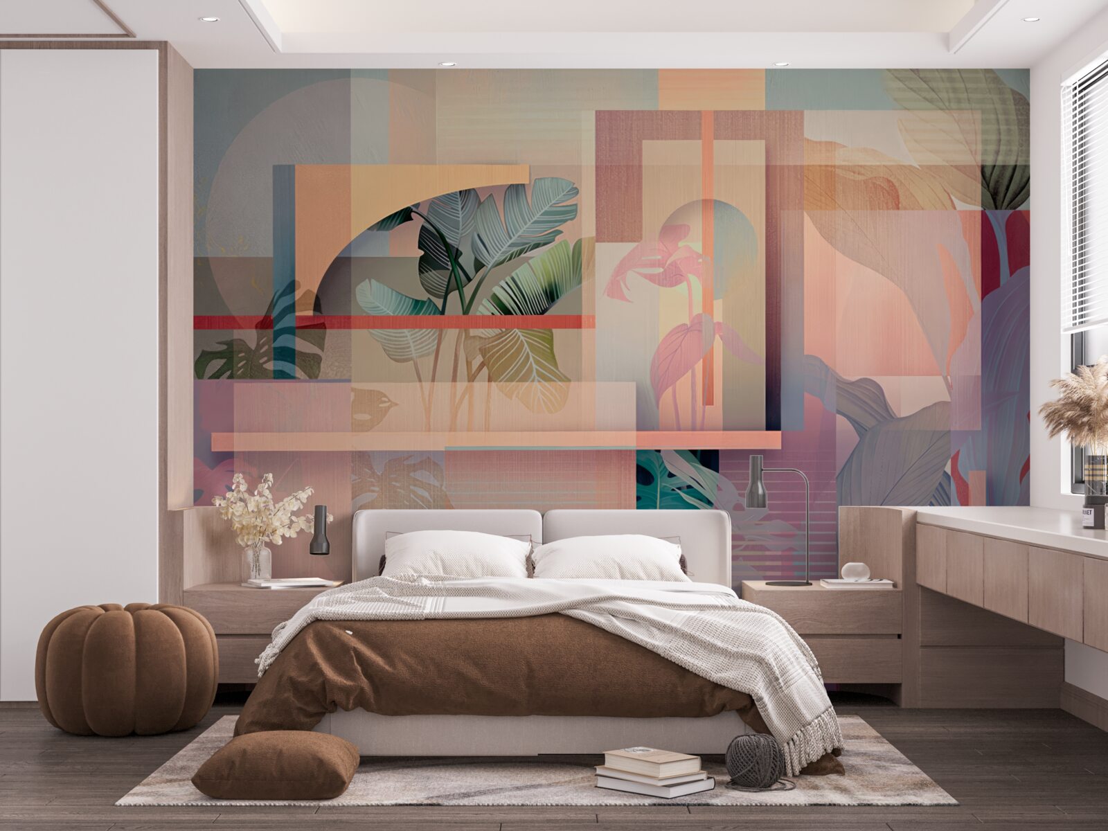 Fototapeta tło z elementami roślinności i kształtami geometrycznymi