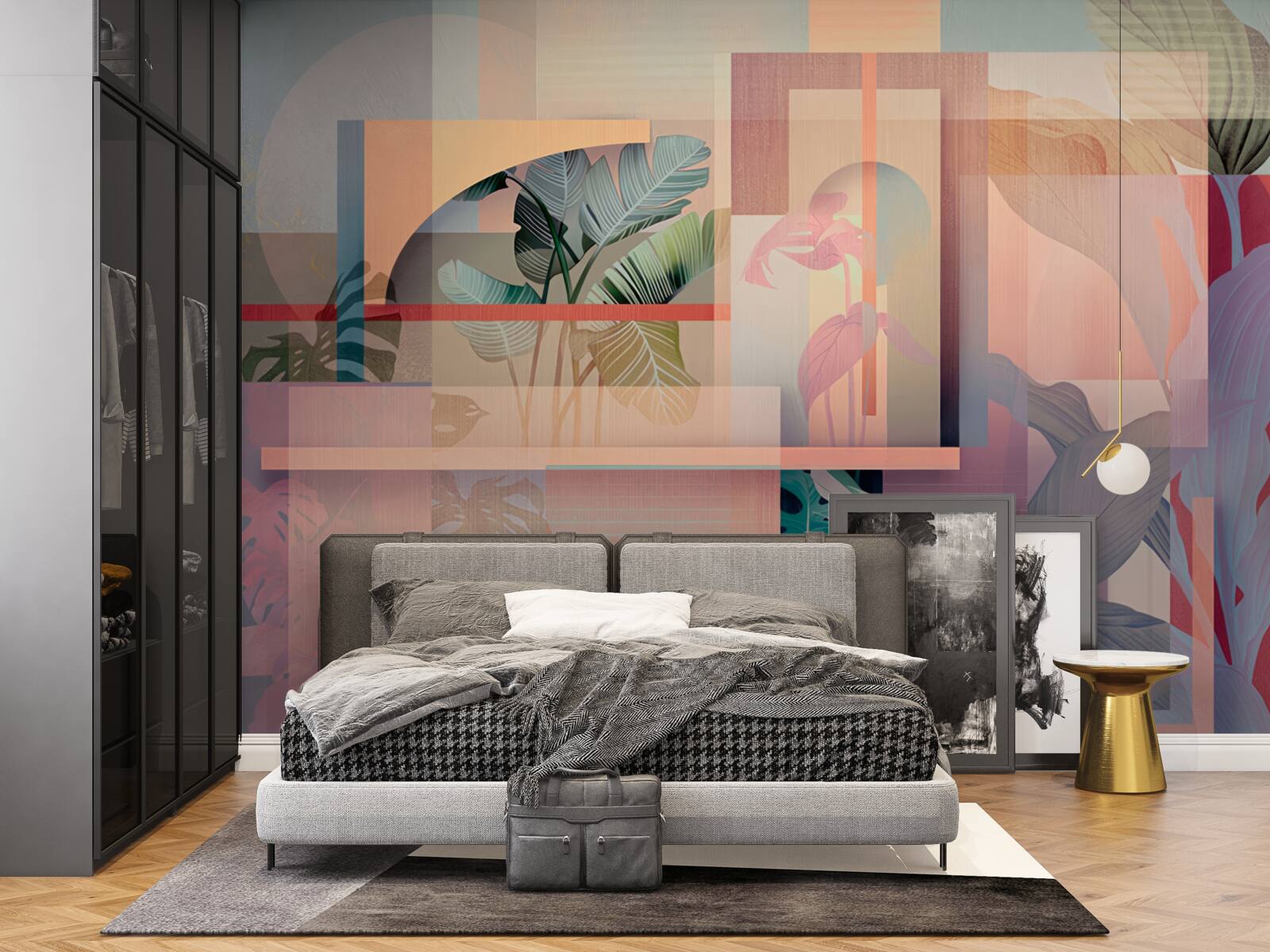 Fototapeta tło z elementami roślinności i kształtami geometrycznymi