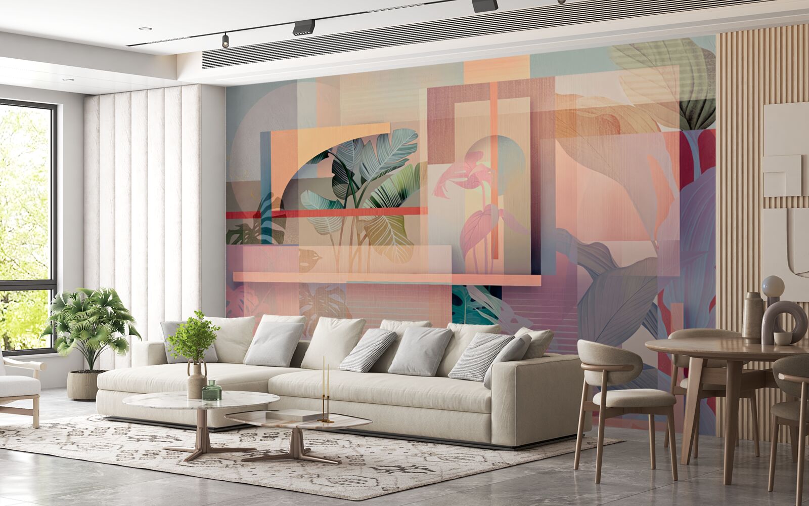 Fototapeta tło z elementami roślinności i kształtami geometrycznymi