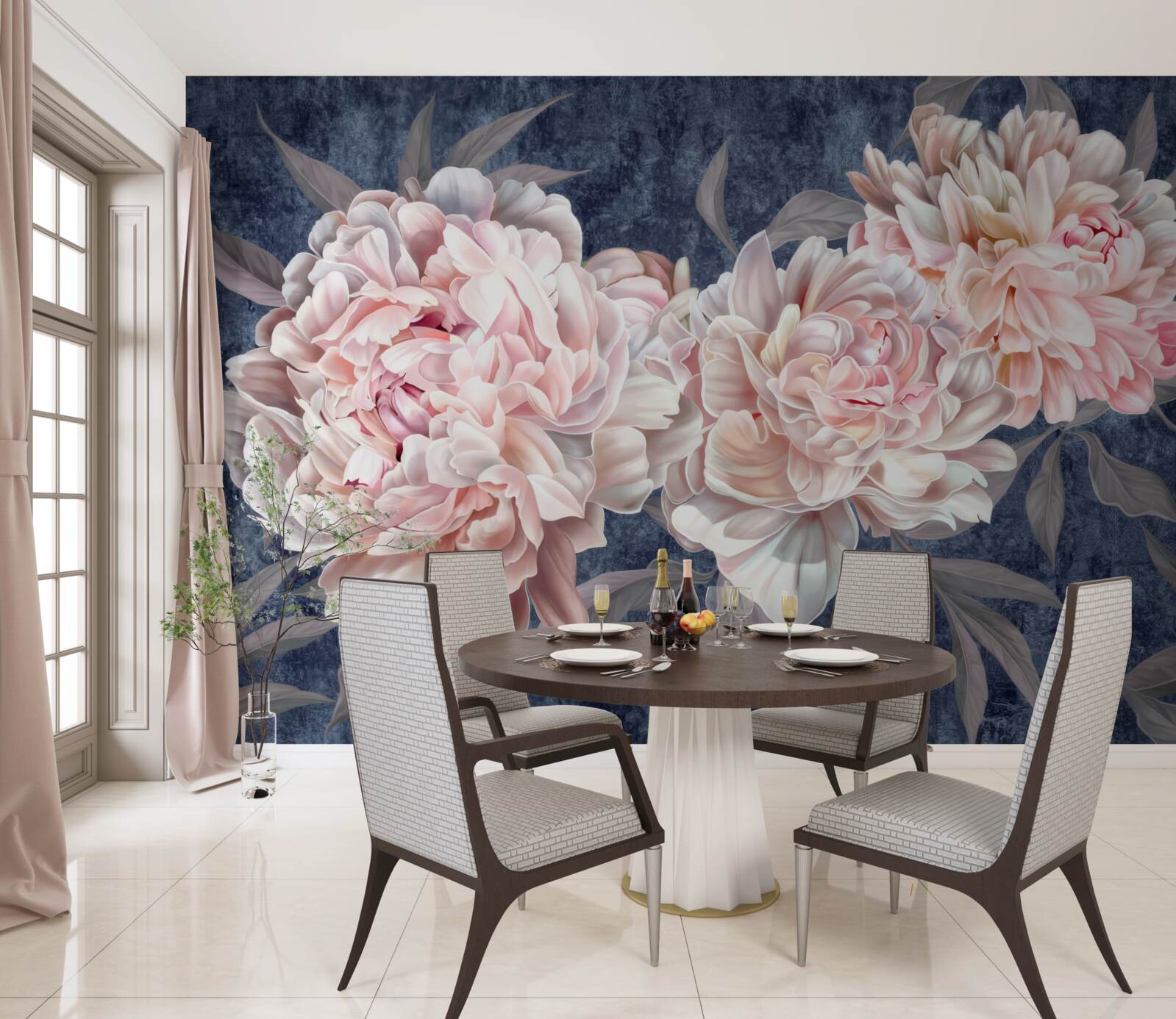 Fototapeta duże jasne piwonie na ciemnej powierzchni