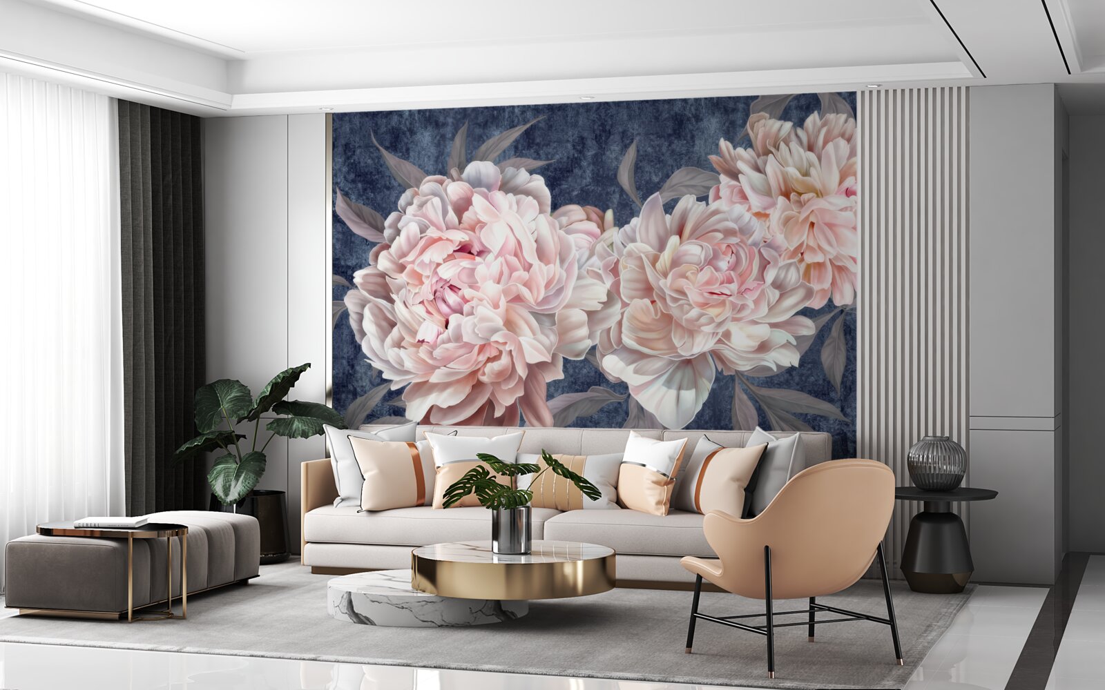 Fototapeta duże jasne piwonie na ciemnej powierzchni