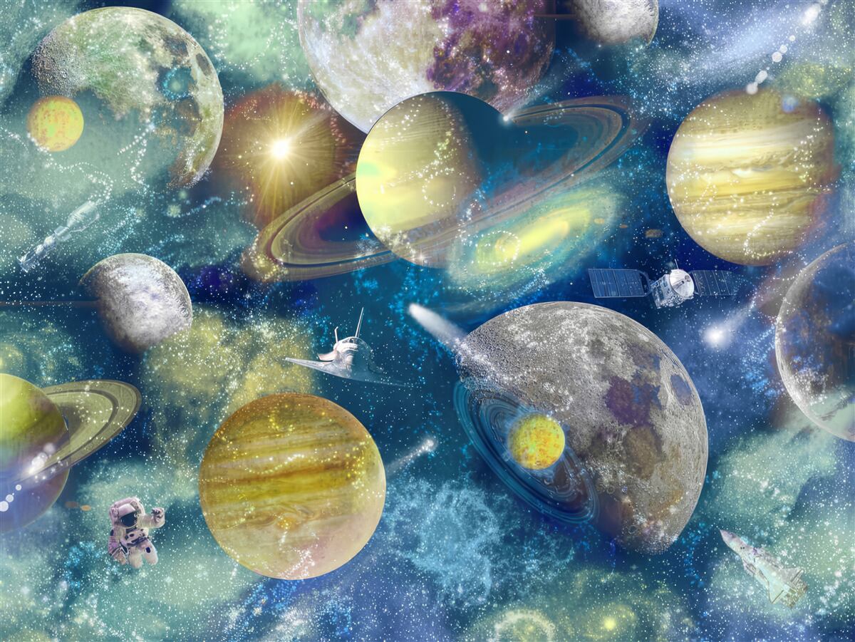 Fototapeta astronauta na tle różnych planet w kosmosie