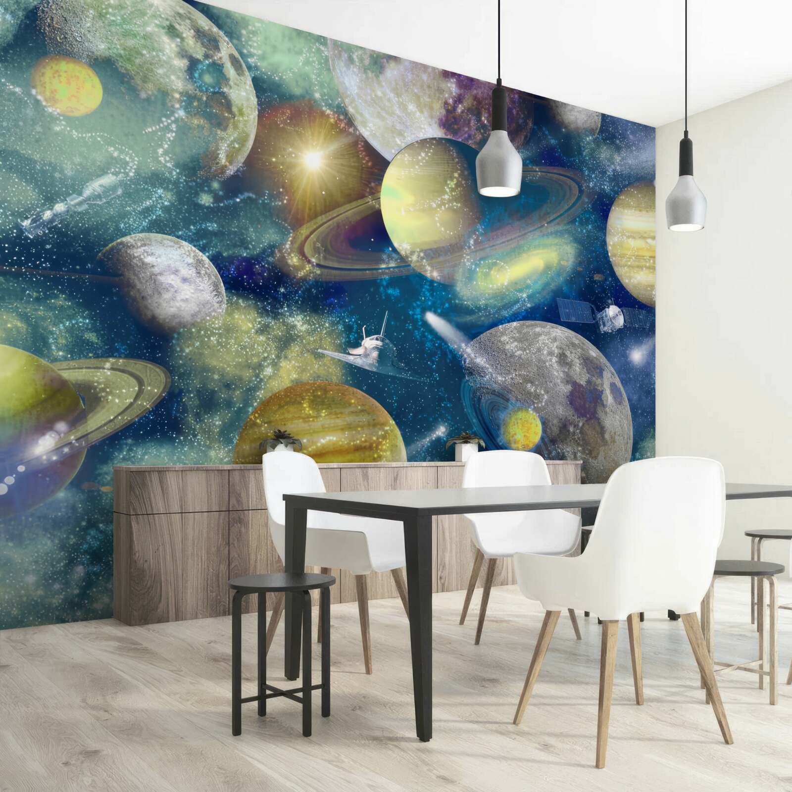 Fototapeta astronauta na tle różnych planet w kosmosie