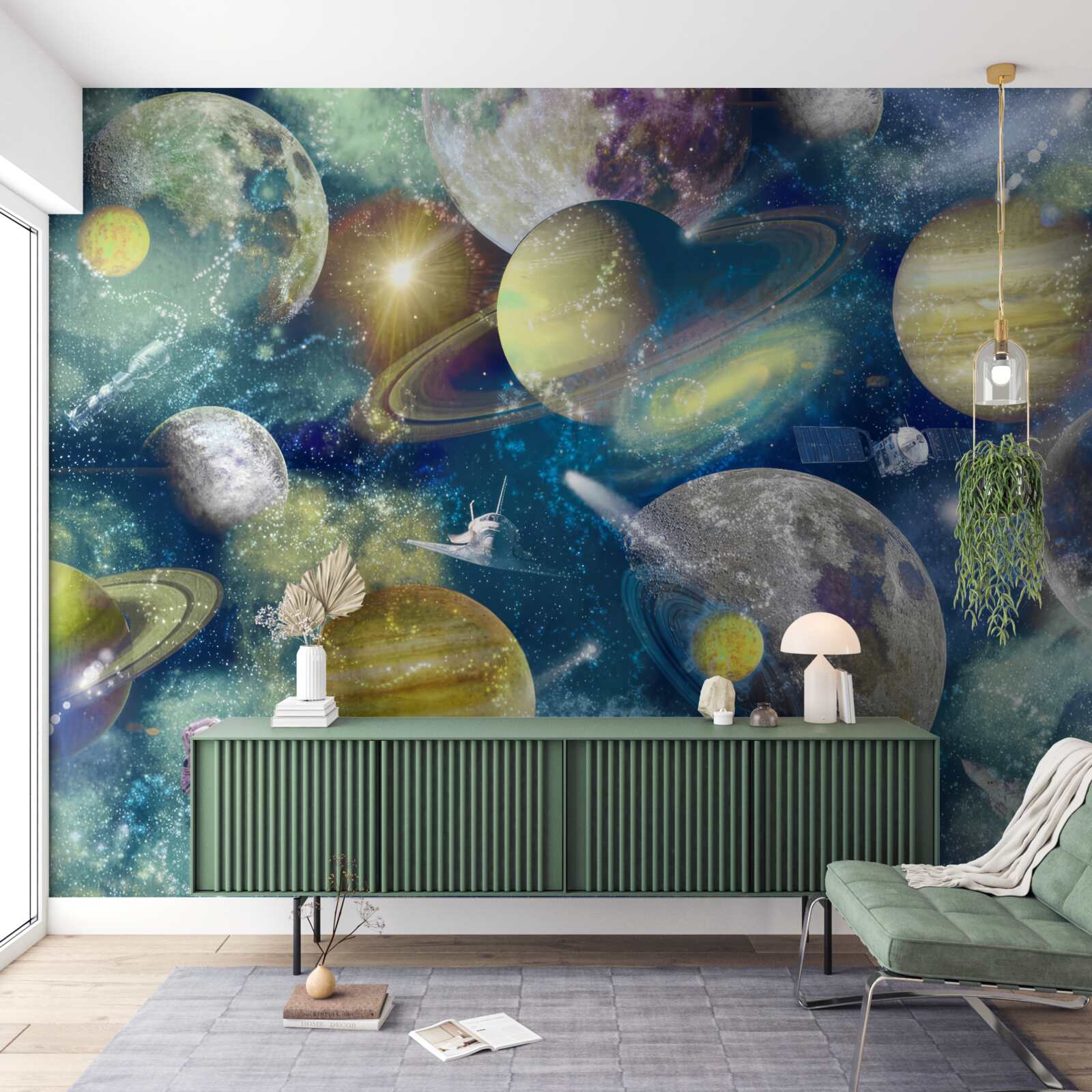 Fototapeta astronauta na tle różnych planet w kosmosie