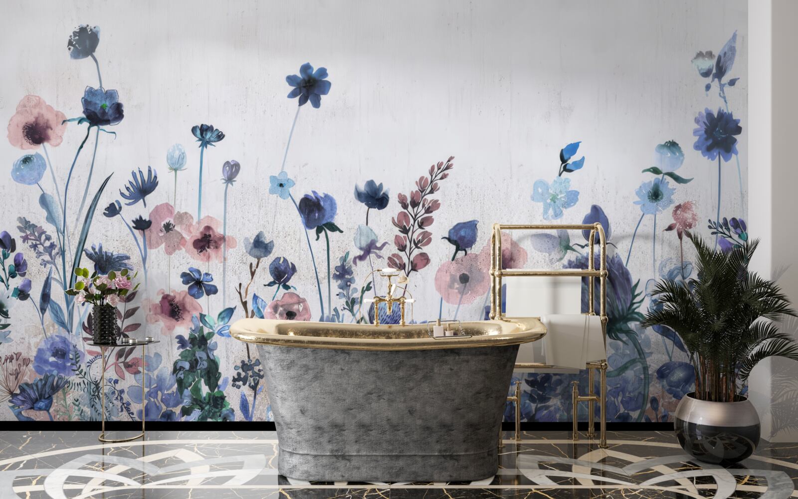 Fototapeta rośliny i kwiaty w odcieniach niebieskiego i różowego