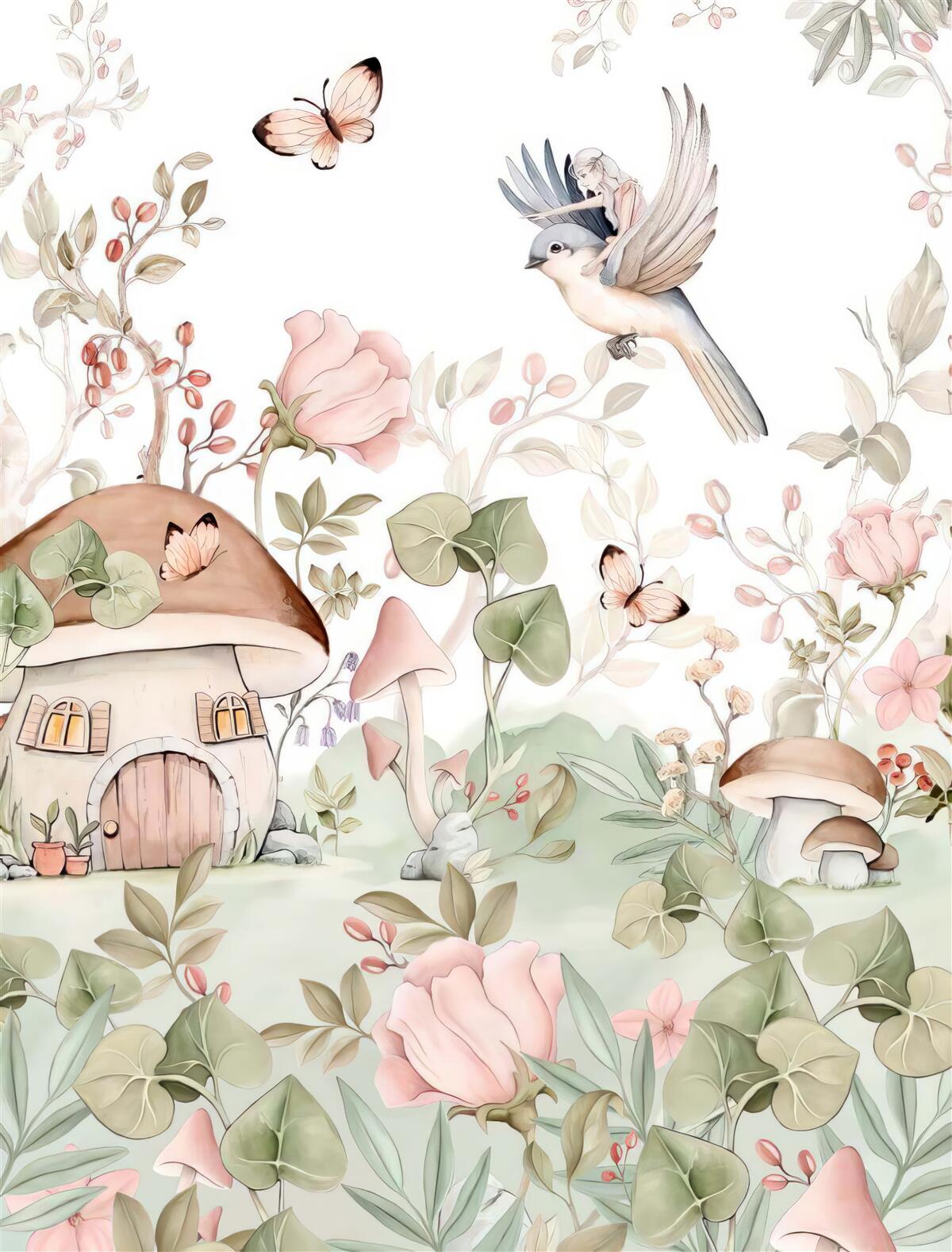 Fototapeta dziewczyna siedząca na ptaku wskazuje palcem na dom