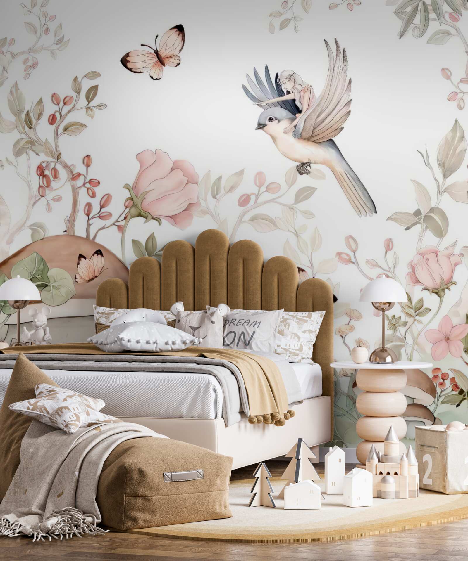 Fototapeta dziewczyna siedząca na ptaku wskazuje palcem na dom