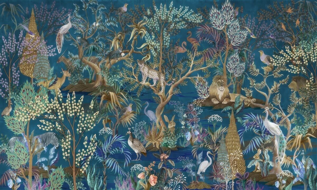 Fototapeta ciemne tło z wizerunkami roślin i zwierząt