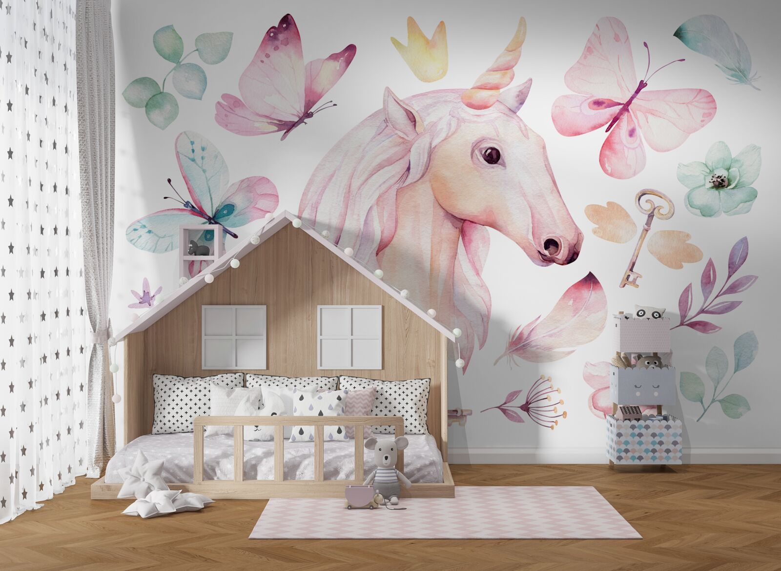 Fototapeta jednorożec otoczony motylami i kluczami