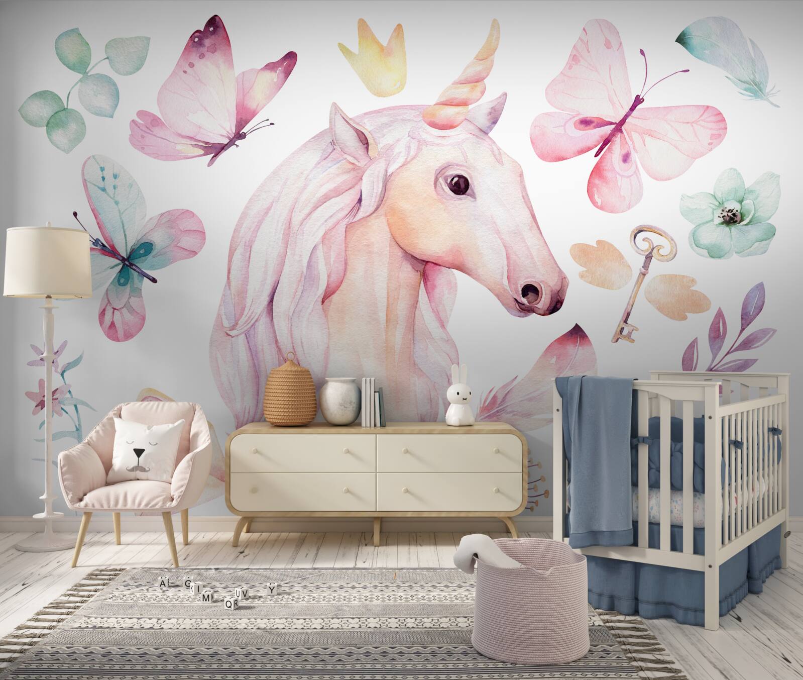 Fototapeta jednorożec otoczony motylami i kluczami