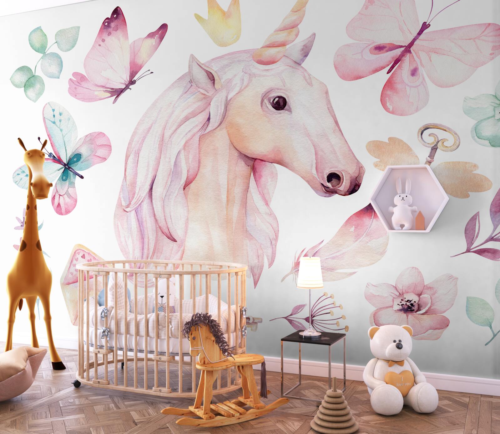 Fototapeta jednorożec otoczony motylami i kluczami