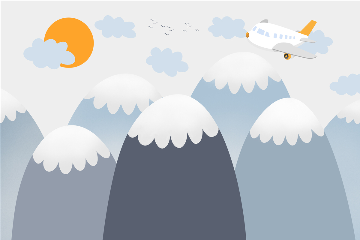 Fototapeta latający samolot kieruje się w stronę słońca nad szczytami gór