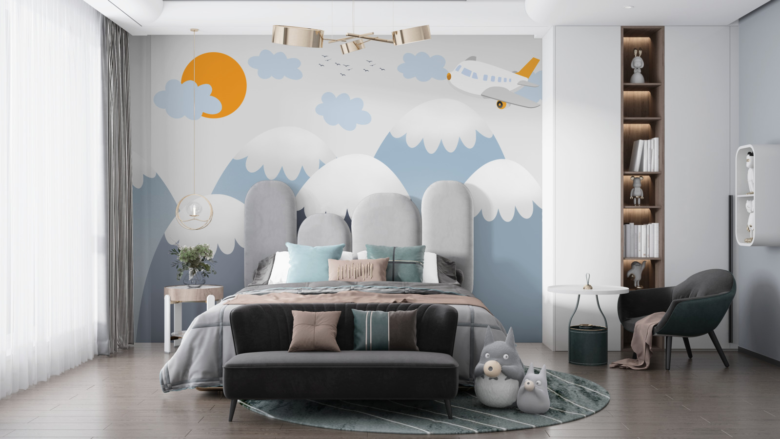 Fototapeta latający samolot kieruje się w stronę słońca nad szczytami gór