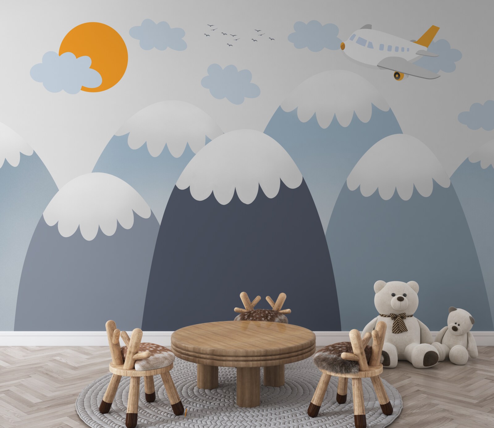 Fototapeta latający samolot kieruje się w stronę słońca nad szczytami gór