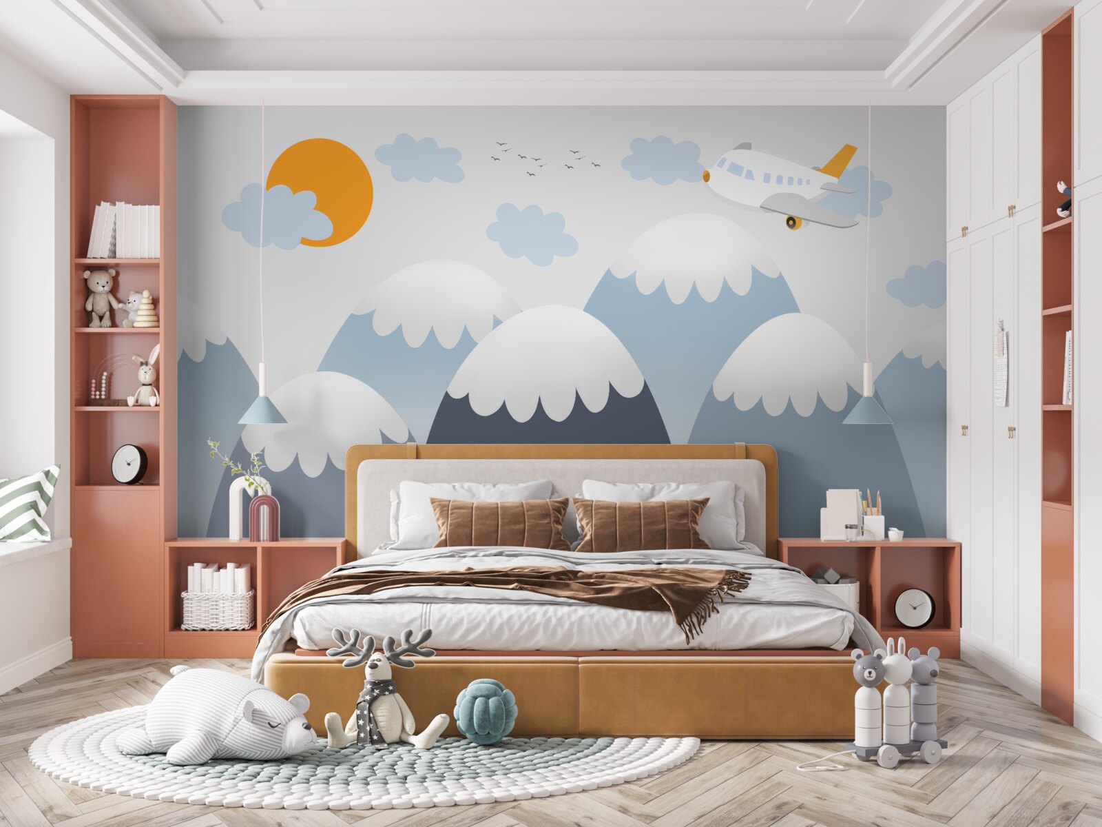 Fototapeta latający samolot kieruje się w stronę słońca nad szczytami gór