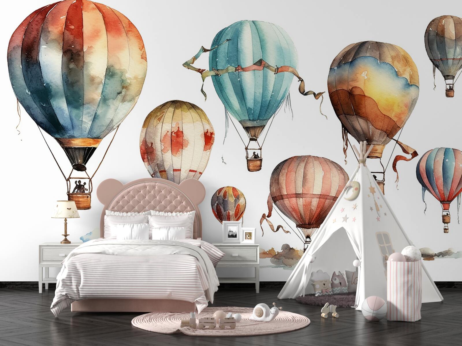 Fototapeta nad miastem odbywa się pokaz balonów na ogrzane powietrze