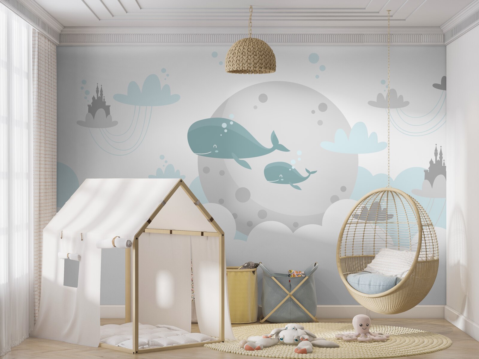 Fototapeta rodzina wielorybów pływa przez chmury