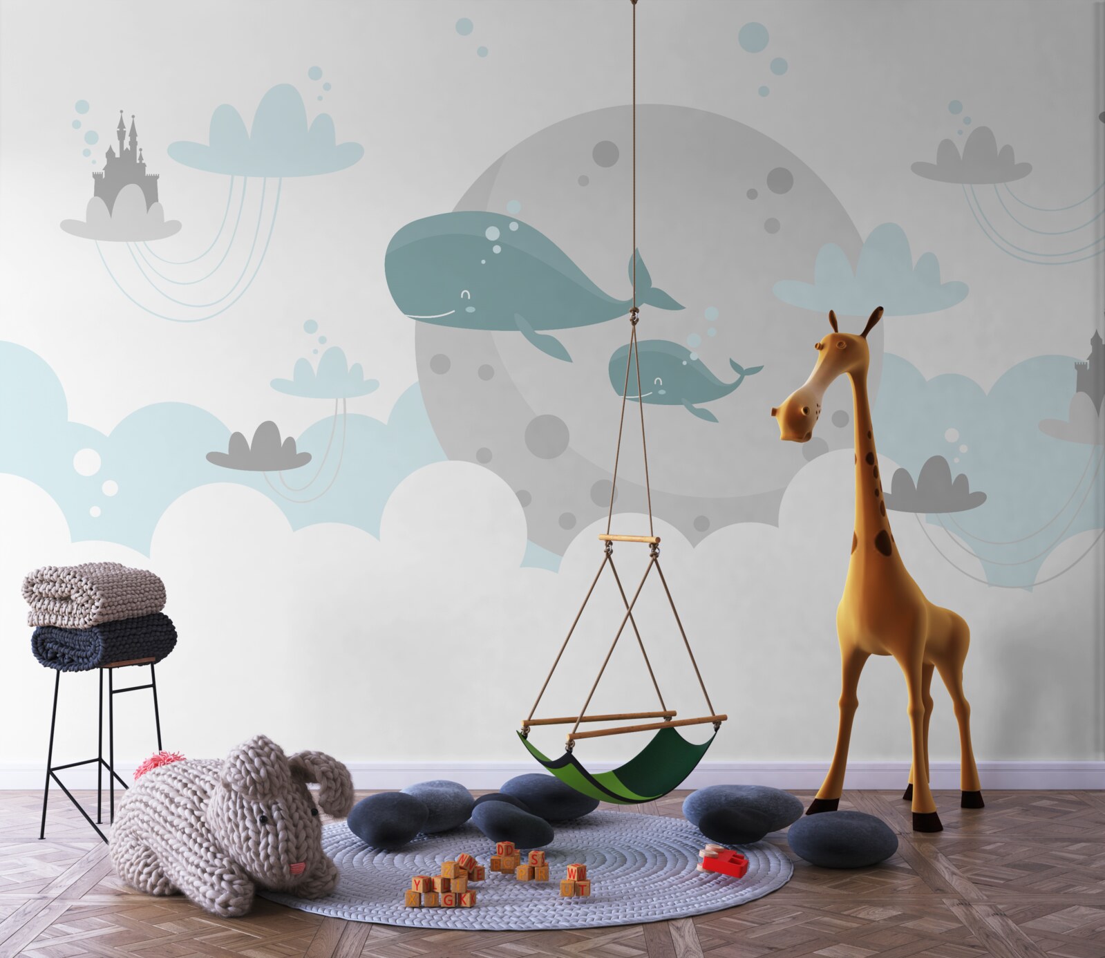 Fototapeta rodzina wielorybów pływa przez chmury