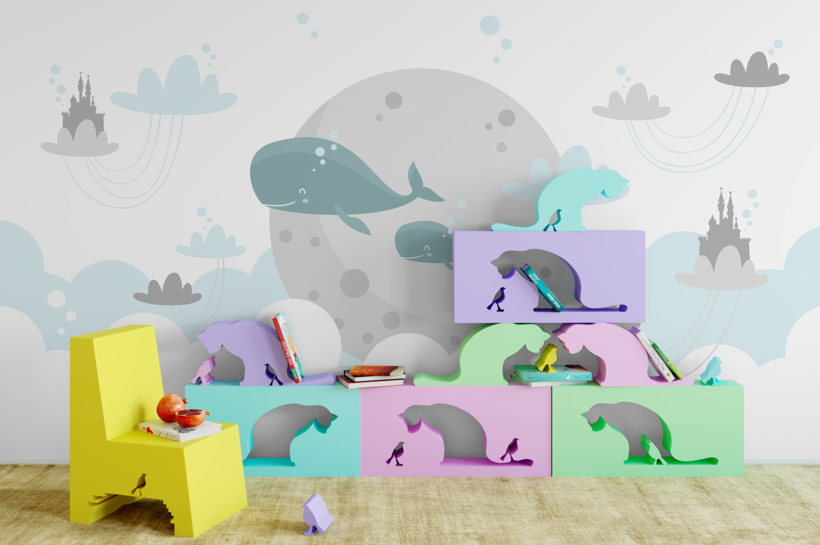 Fototapeta rodzina wielorybów pływa przez chmury