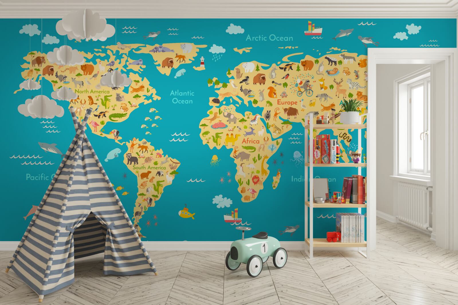 Fototapeta mapa świata ze zdjęciami fauny i lokalnych mieszkańców