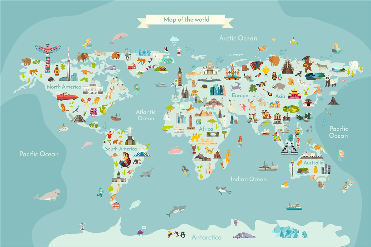 Fototapeta mapa świata z zaznaczonymi punktami orientacyjnymi