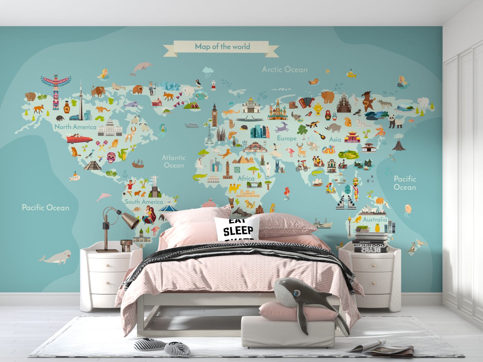 Fototapeta mapa świata z zaznaczonymi punktami orientacyjnymi