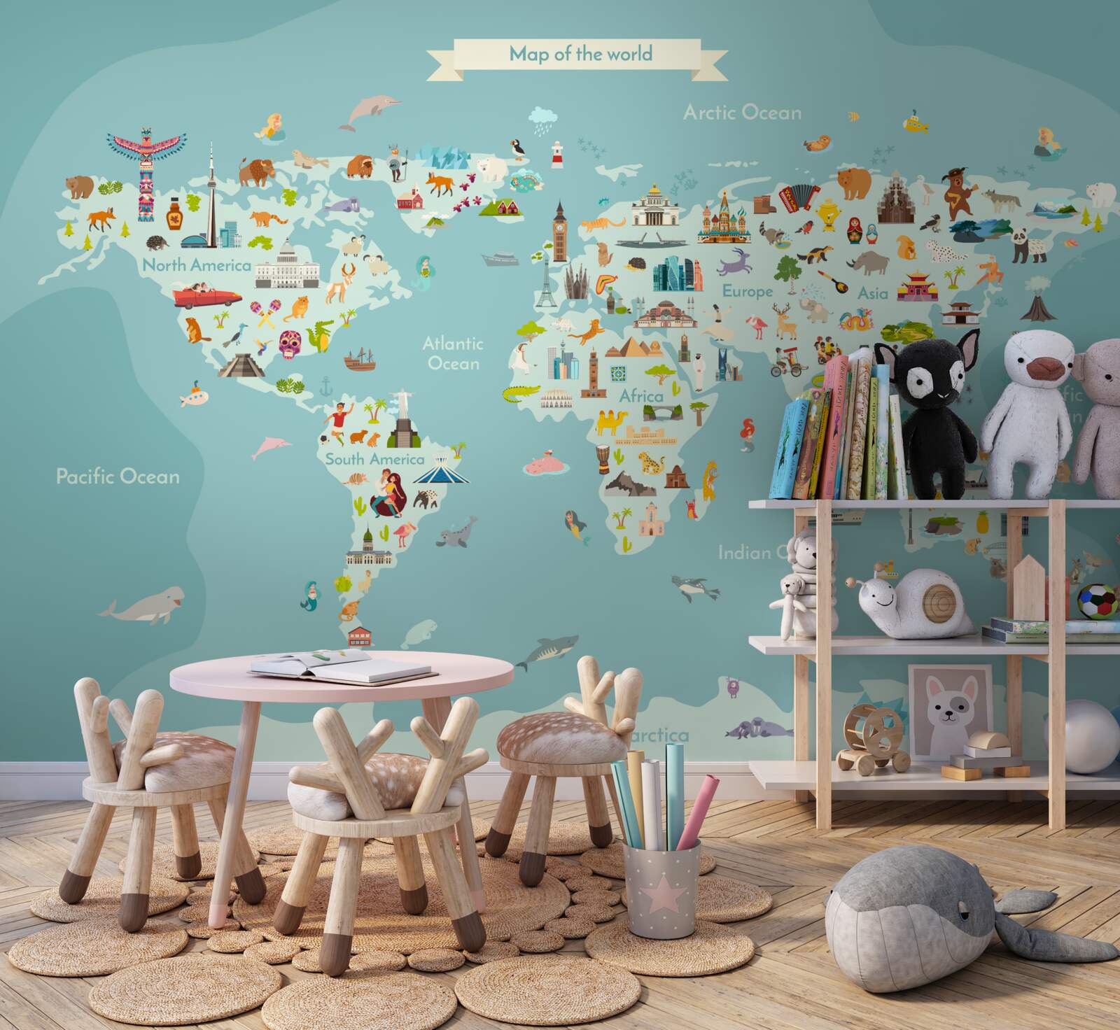 Fototapeta mapa świata z zaznaczonymi punktami orientacyjnymi