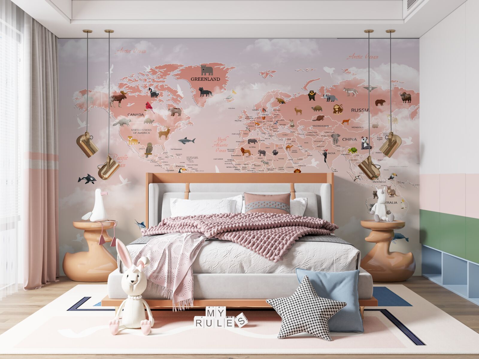 Fototapeta różowa mapa świata z wizerunkami zwierząt i imionami