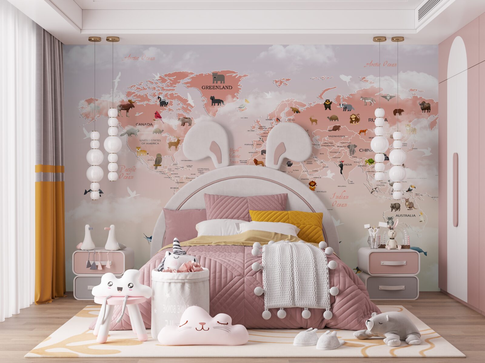 Fototapeta różowa mapa świata z wizerunkami zwierząt i imionami