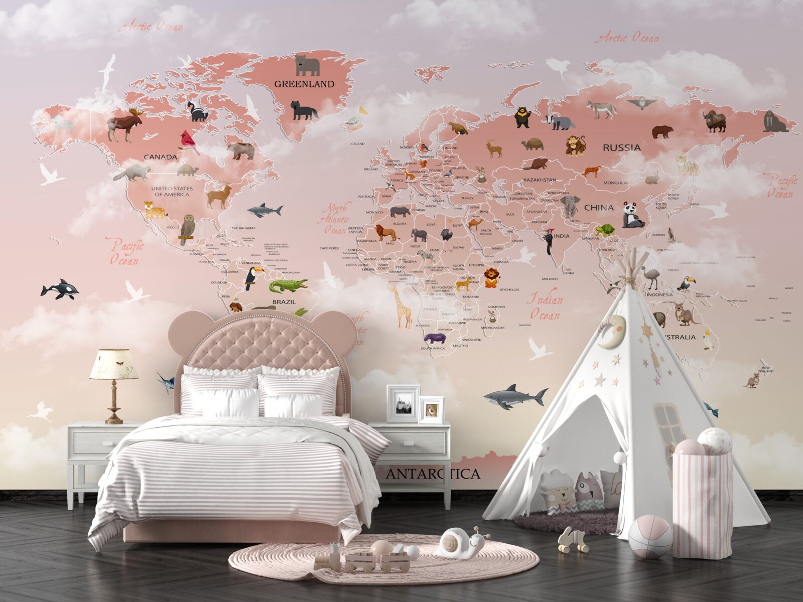 Fototapeta różowa mapa świata z wizerunkami zwierząt i imionami
