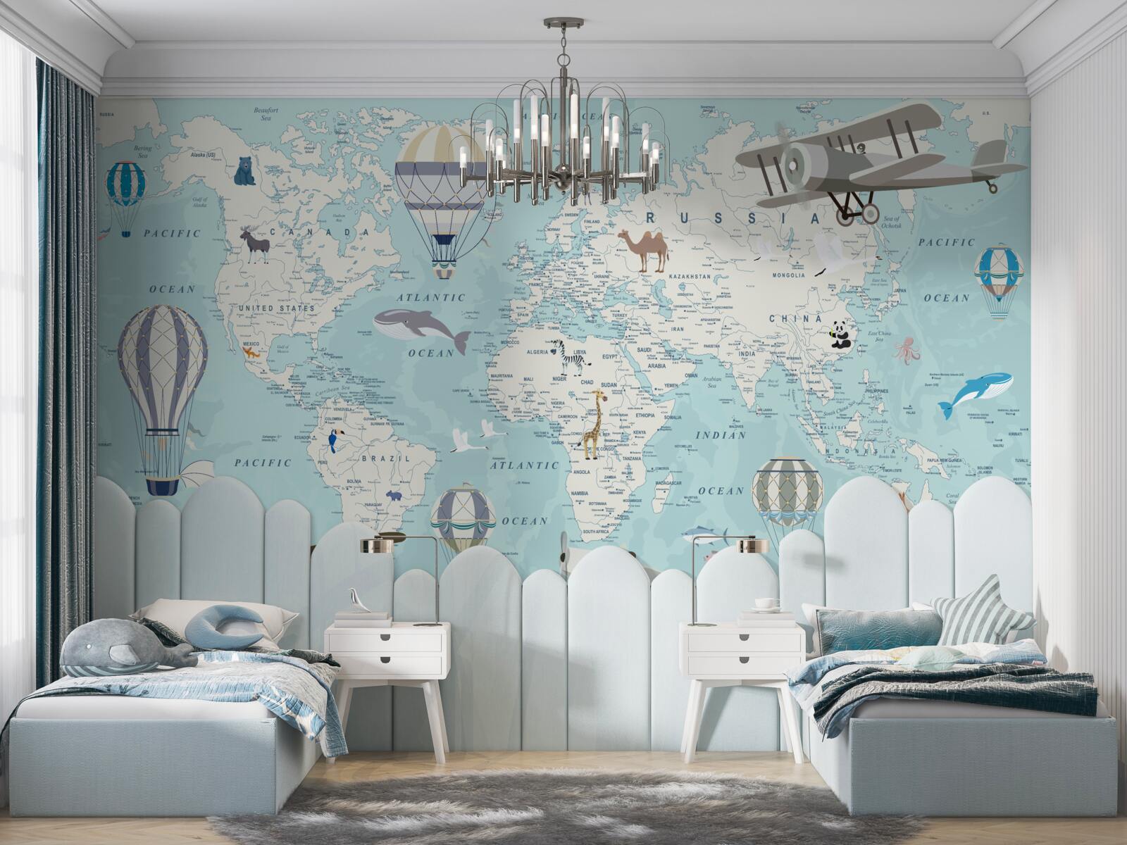 Fototapeta szczegółowa mapa świata z balonami i samolotami