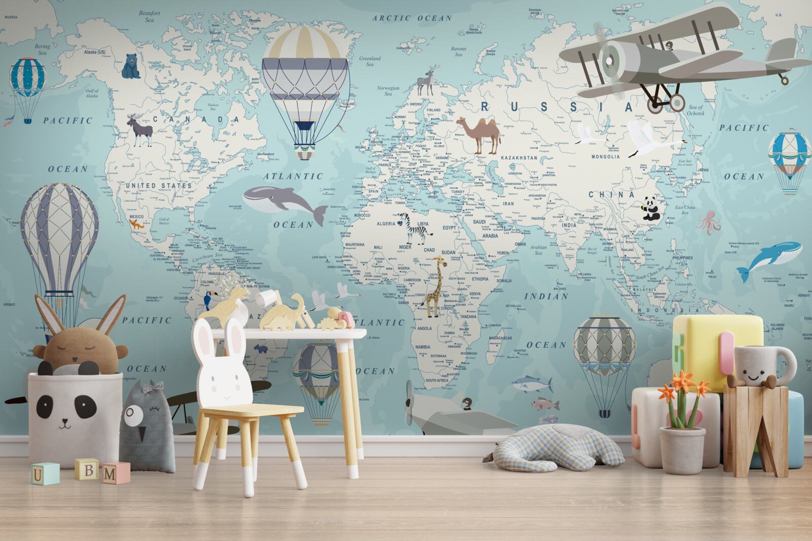 Fototapeta szczegółowa mapa świata z balonami i samolotami