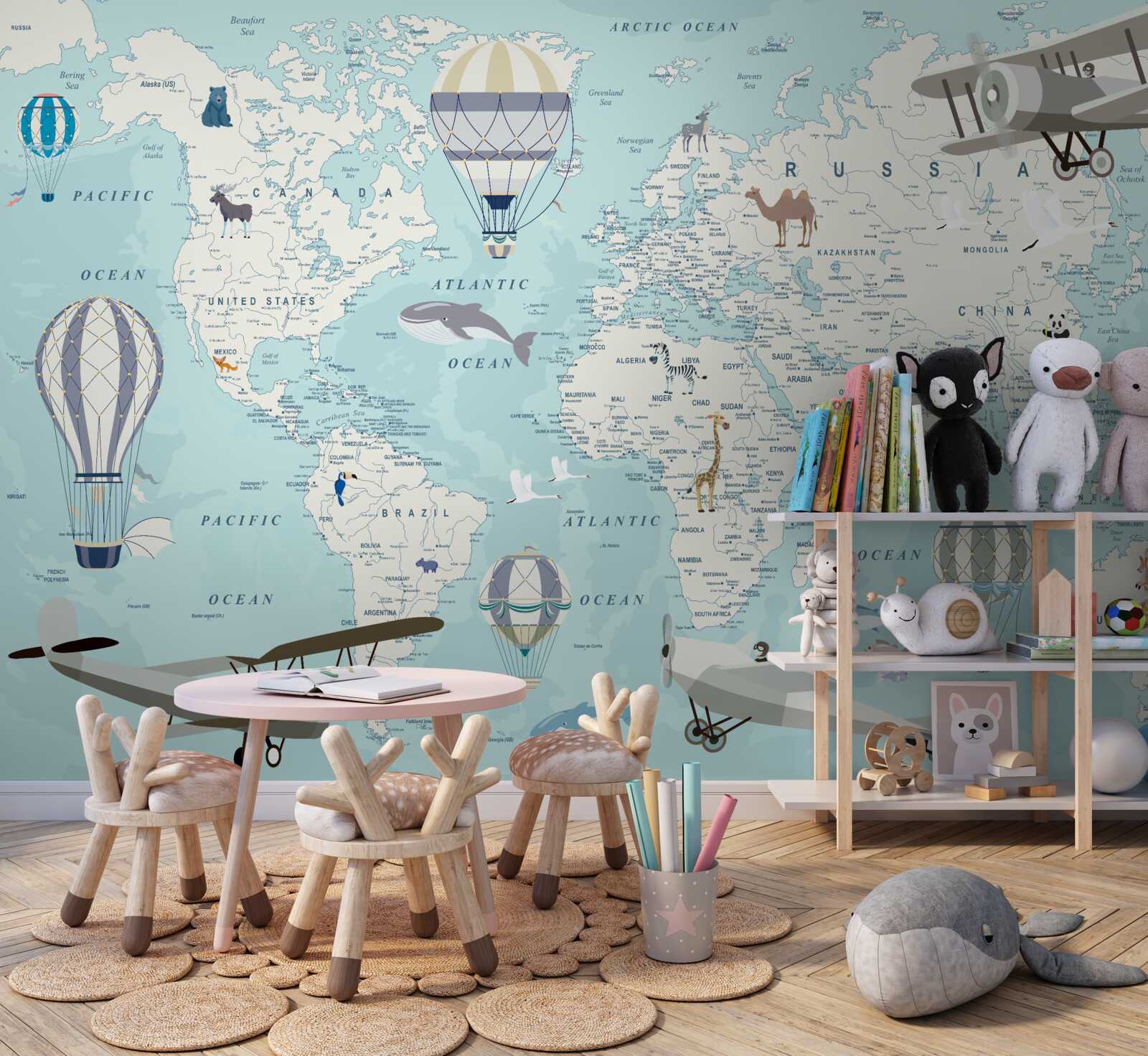 Fototapeta szczegółowa mapa świata z balonami i samolotami
