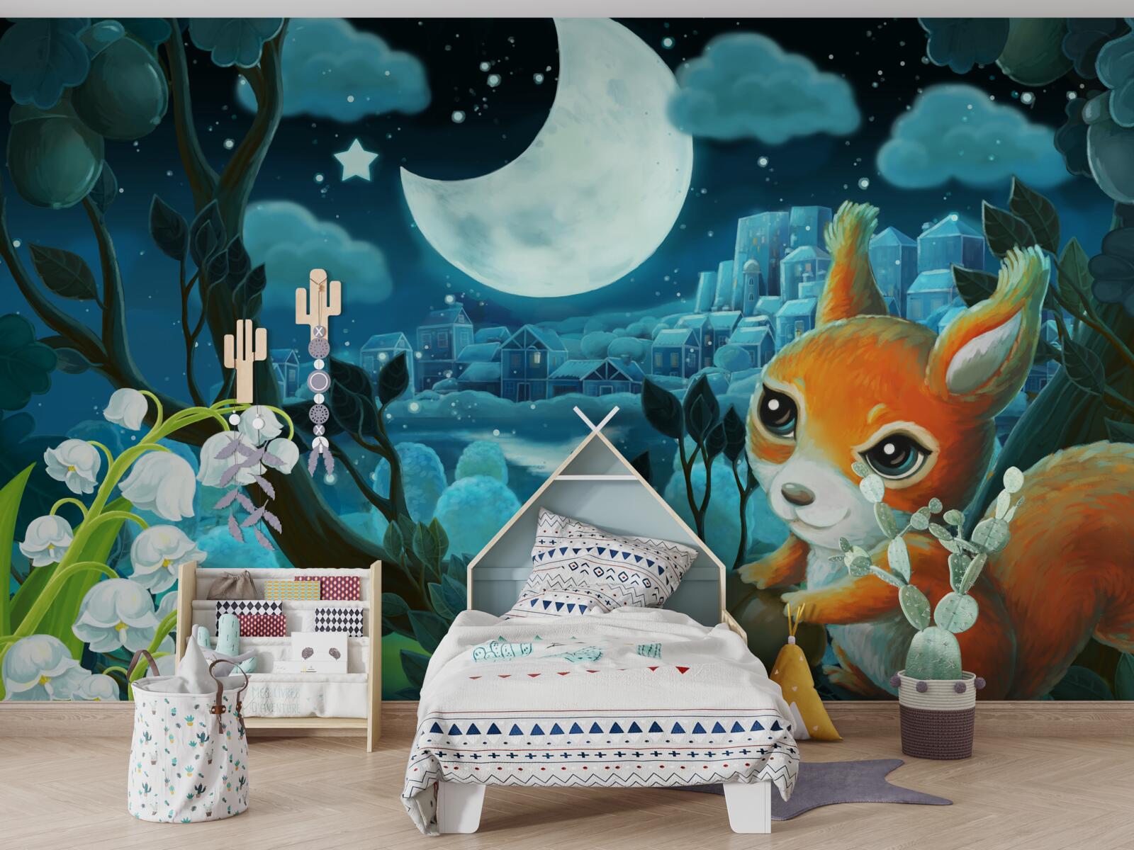 Fototapeta wiewiórka podziwia księżyc świecący nad miastem