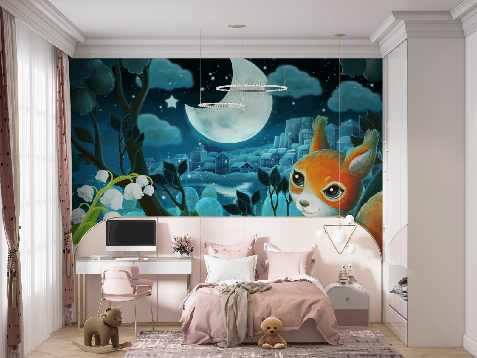 Fototapeta wiewiórka podziwia księżyc świecący nad miastem