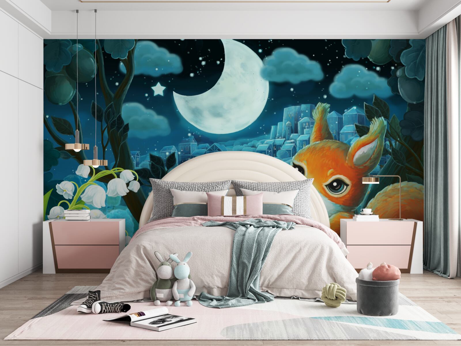 Fototapeta wiewiórka podziwia księżyc świecący nad miastem